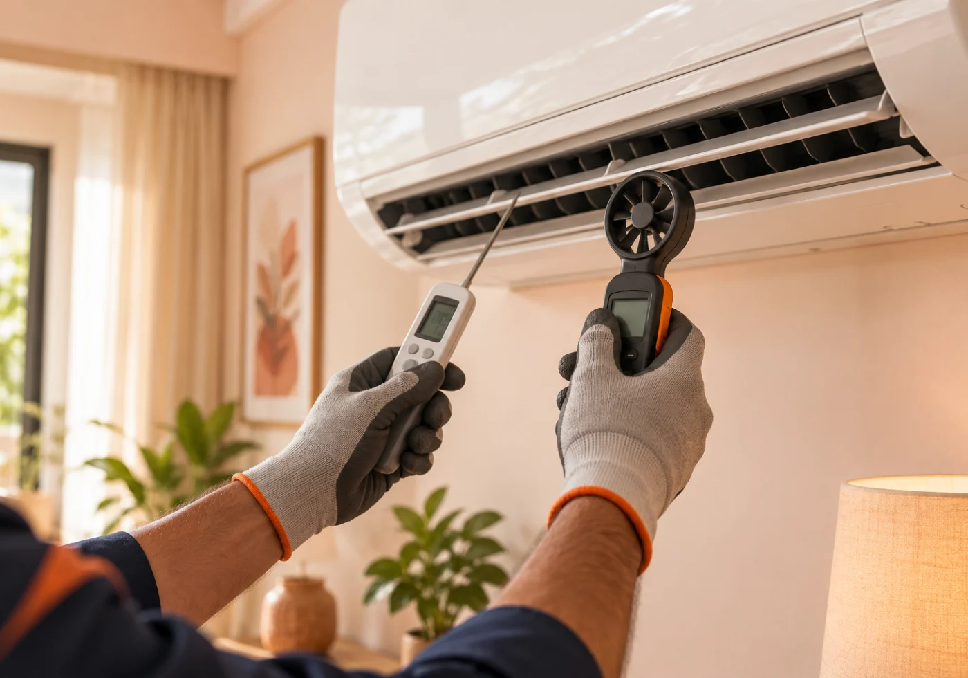 A handheld airflow meter checking air from an indoor air conditioner.