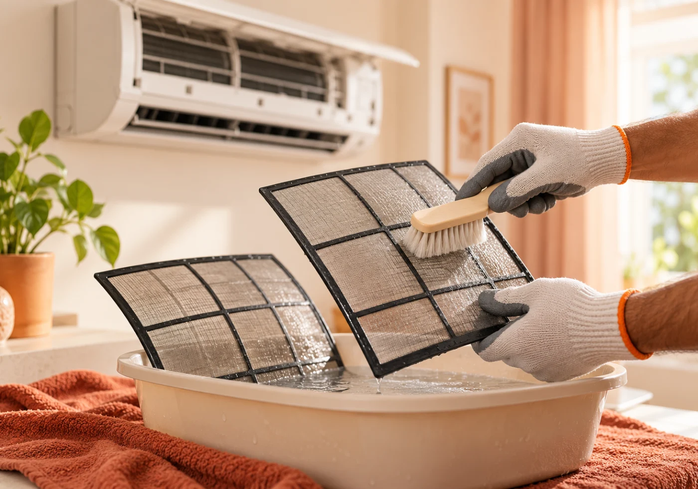 A removable air conditioner filter being cleaned with a soft brush.