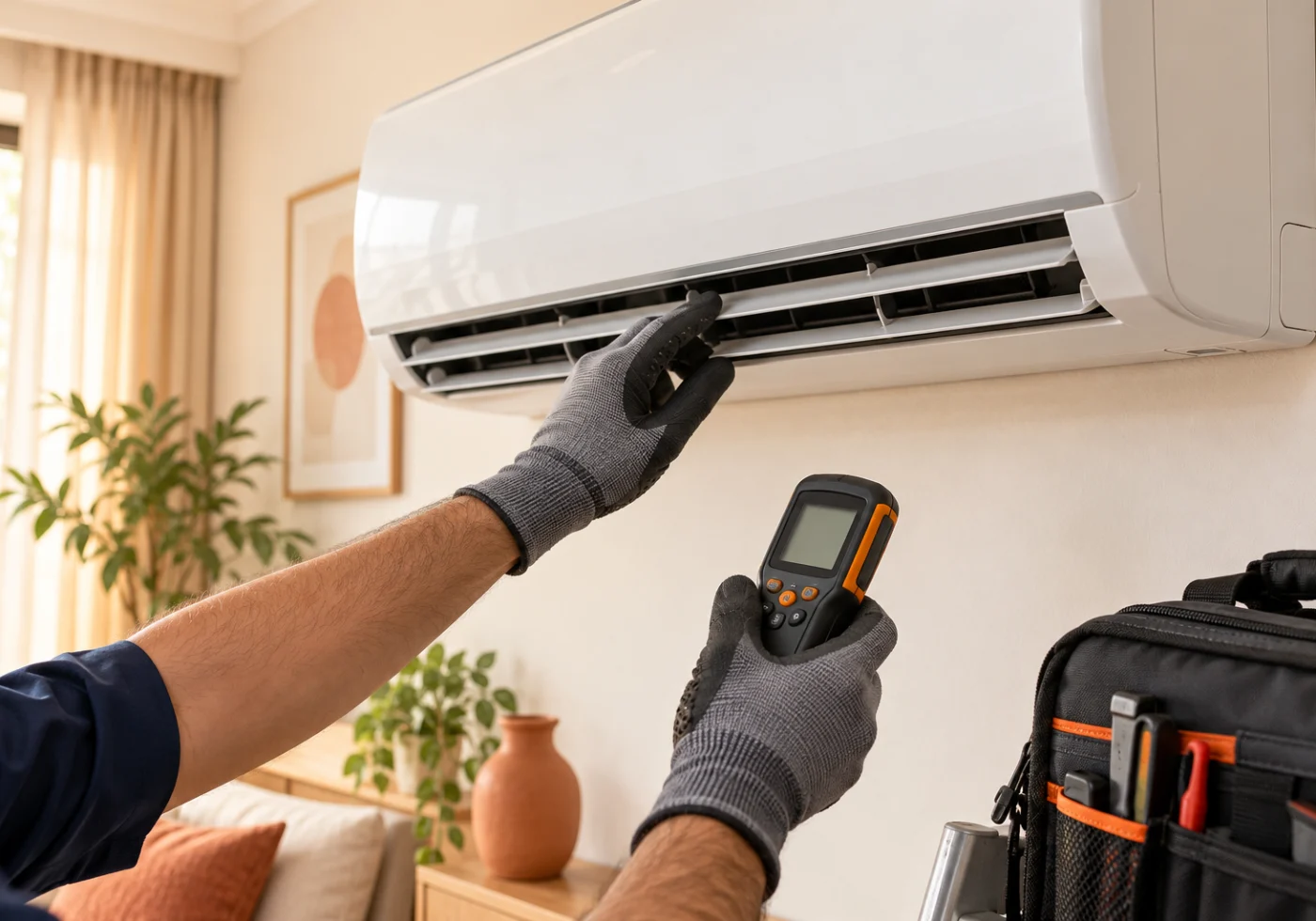 An indoor split air conditioner being inspected with diagnostic equipment.
