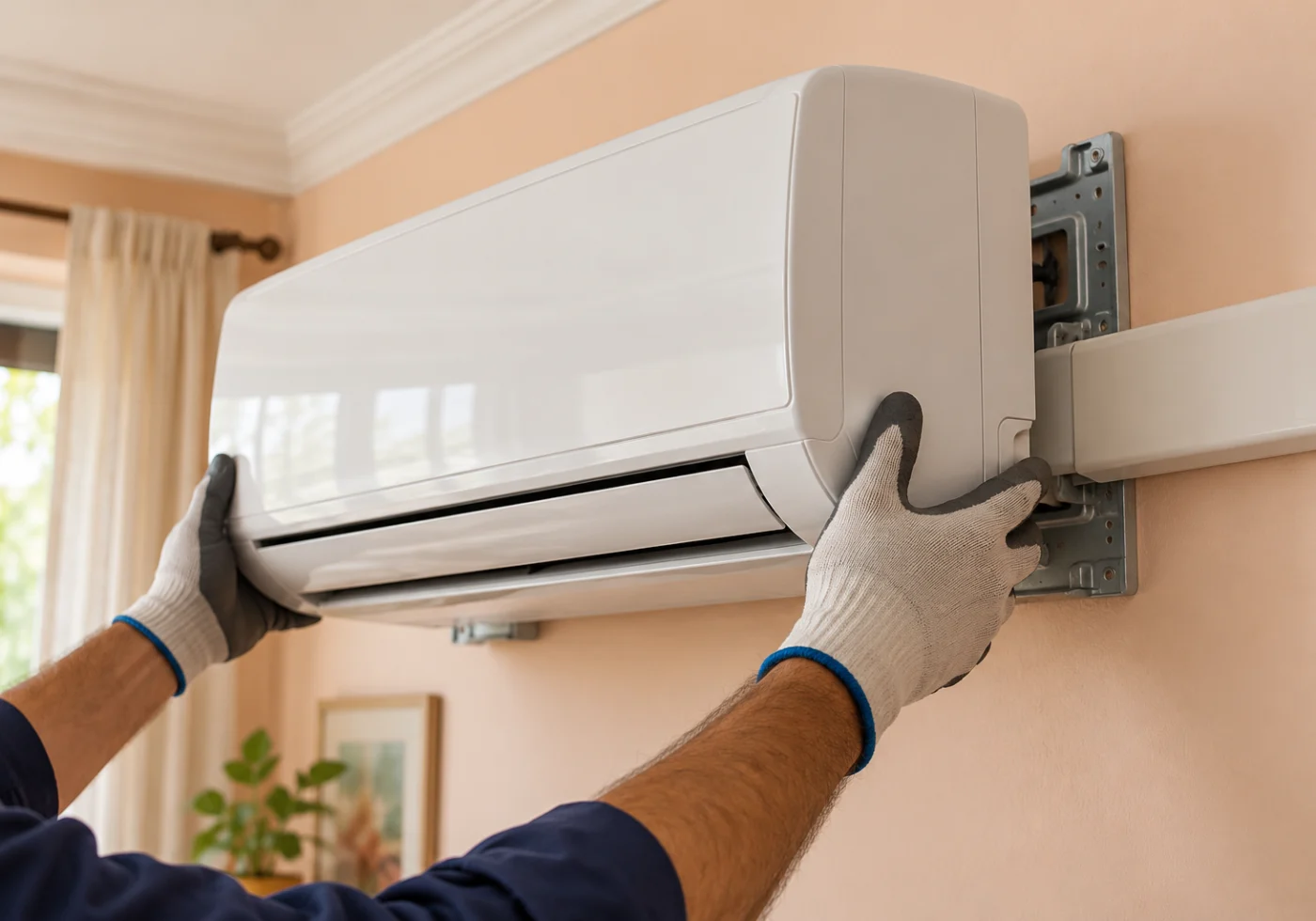 An indoor split air conditioner being aligned on its wall mounting bracket.