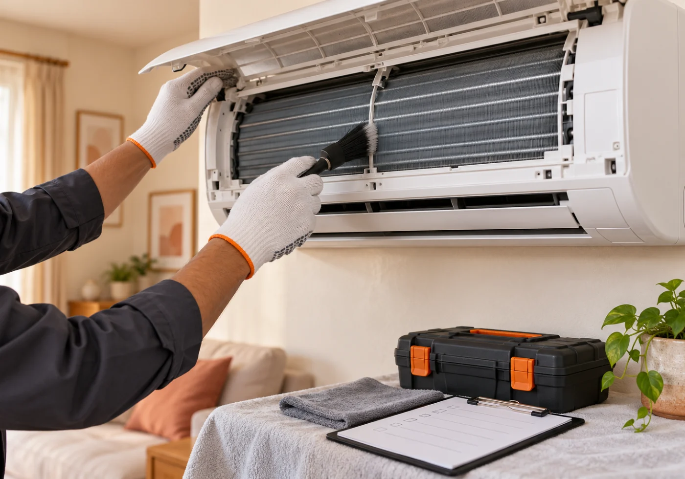 Air conditioner maintenance with cleaning tools and the indoor unit open.