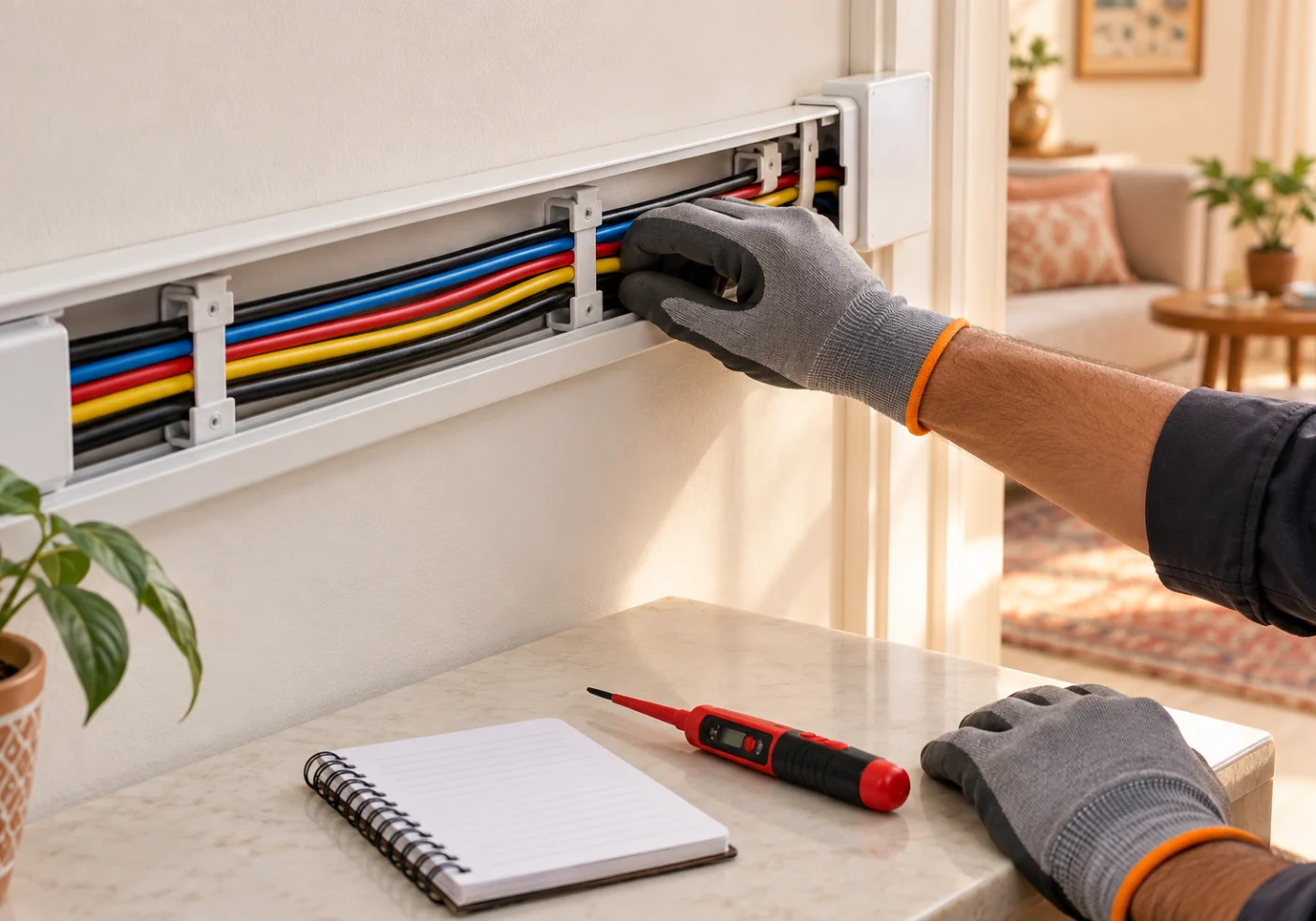 Gloved hands inspecting colour-coded home wiring inside an open cable channel.