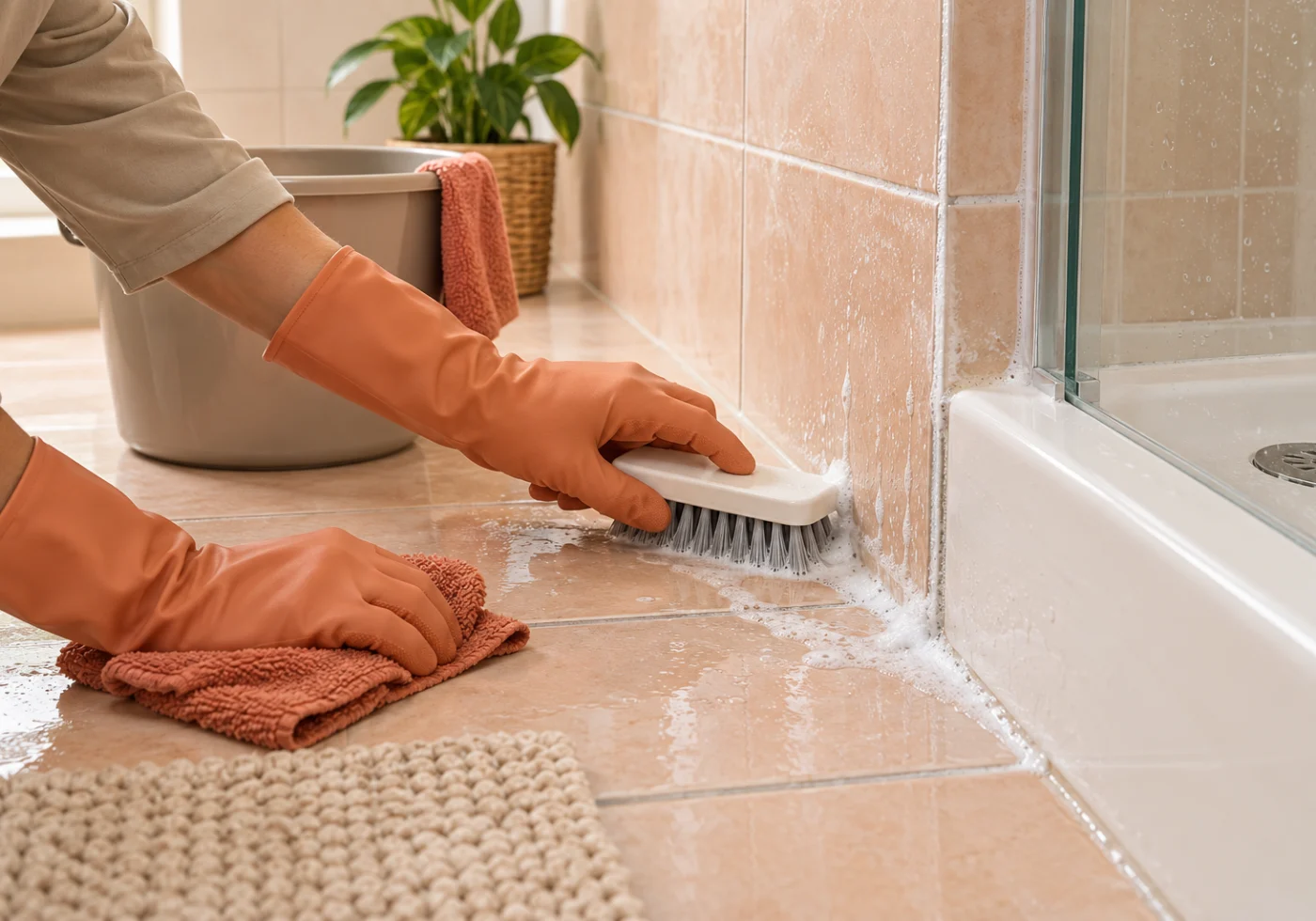 Gloved hands cleaning bathroom tiles and fittings.