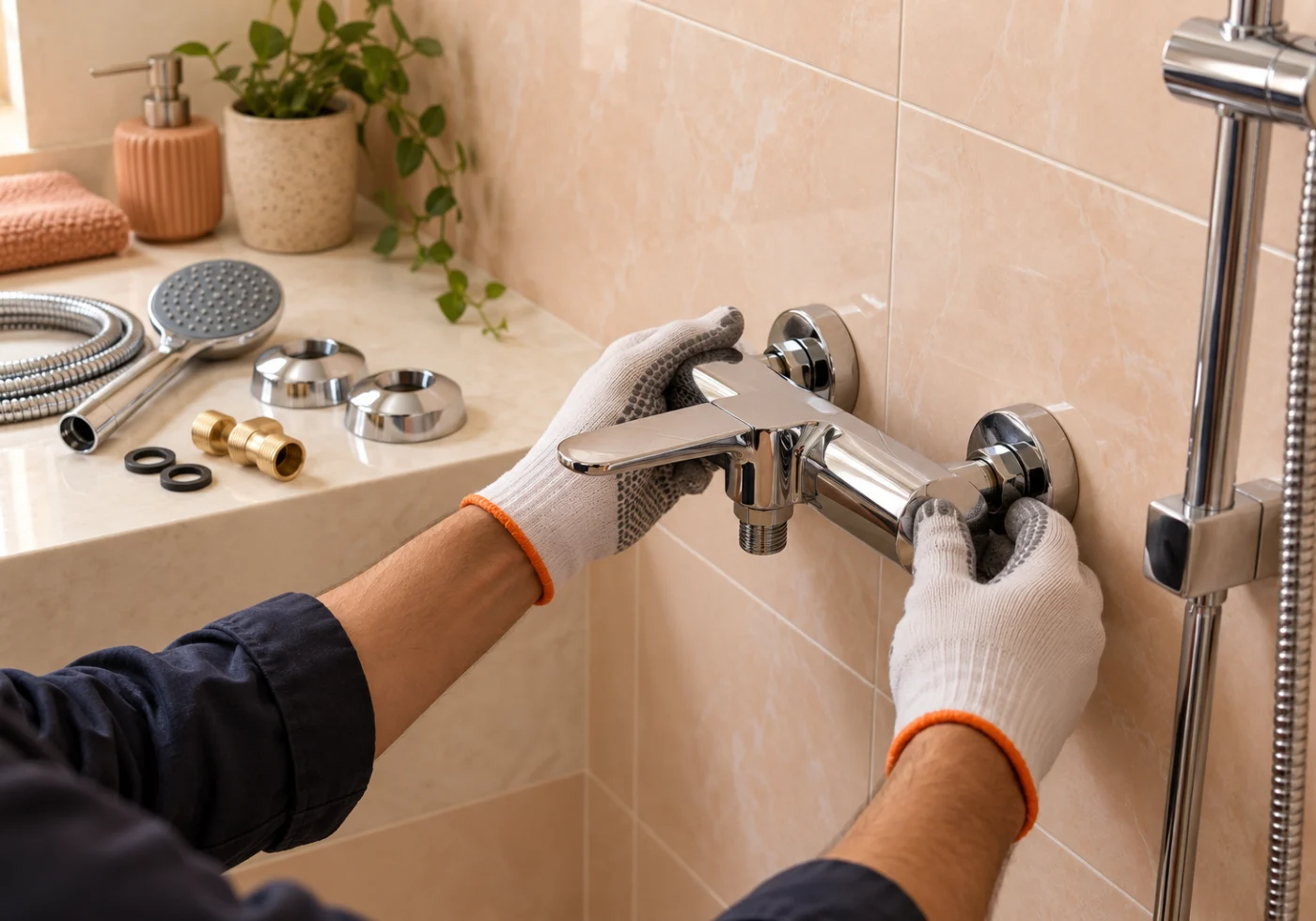 Chrome bathroom fittings being installed against warm ivory tiles.
