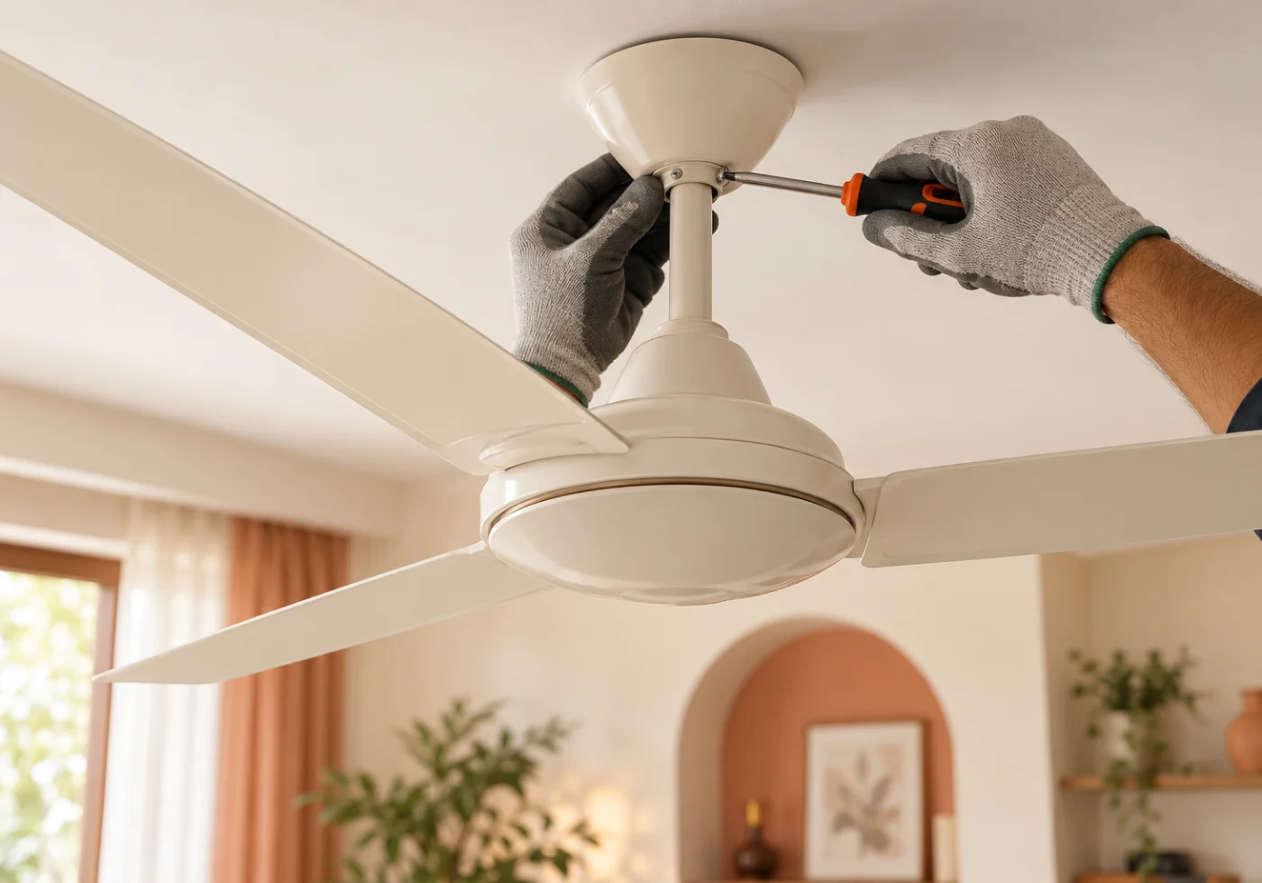 A ceiling fan being fitted in a warm ivory living room.