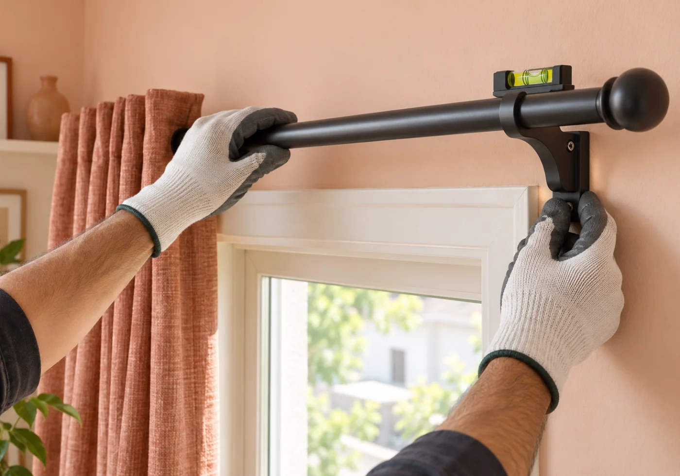 A curtain rod being fitted above a window with peach curtains.
