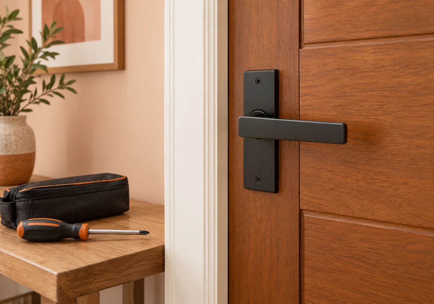 A charcoal lever handle fitted to an interior wooden door with tools nearby.