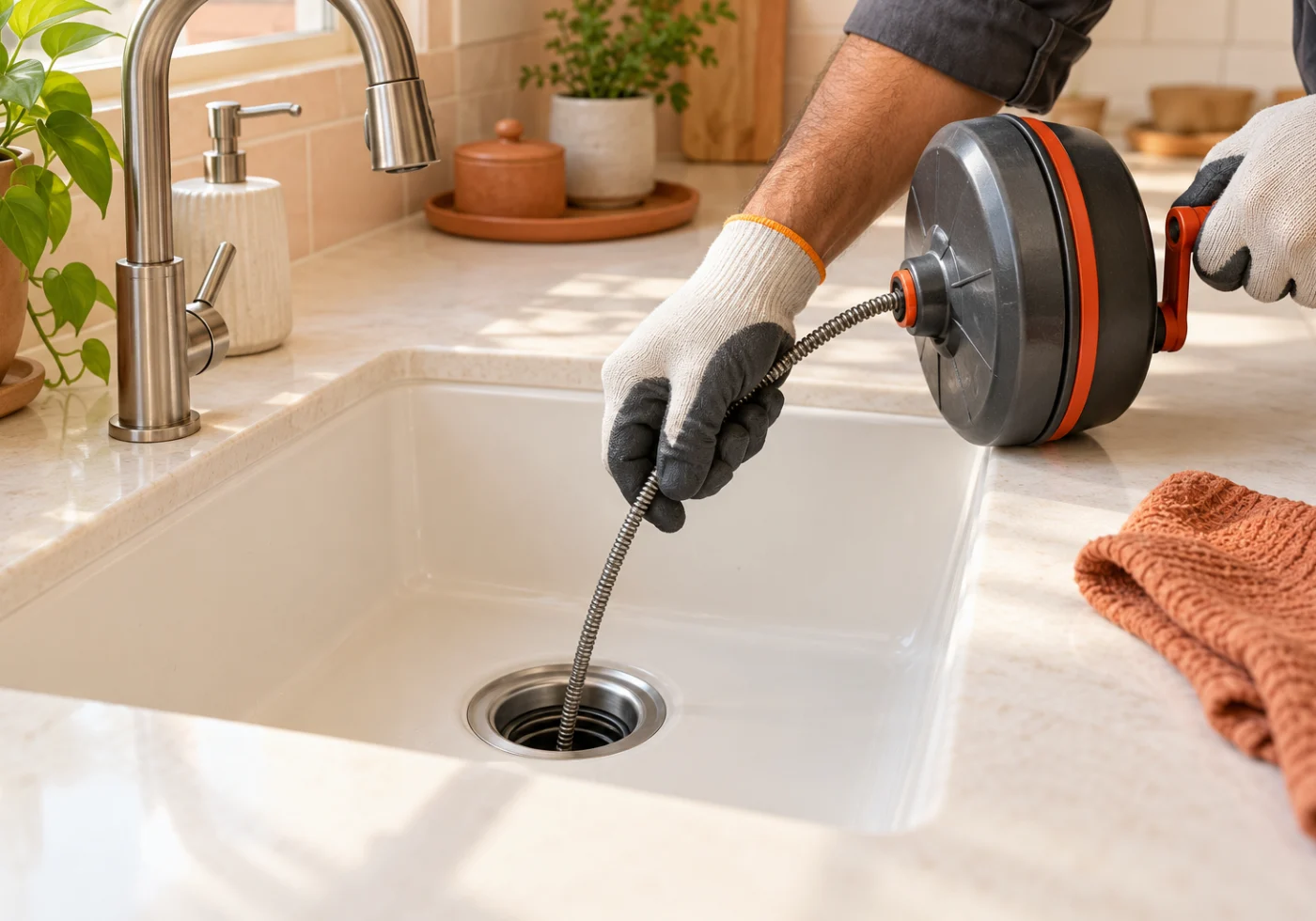 A drain cleaning tool clearing the kitchen sink outlet.