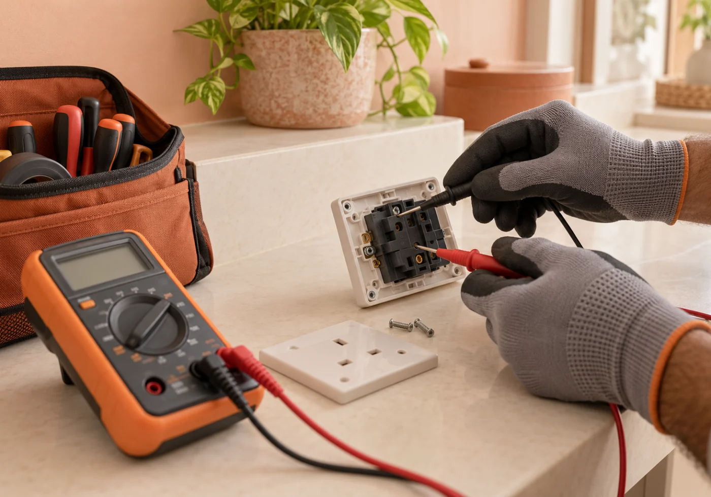 Gloved hands checking an isolated wall socket with electrical test leads.