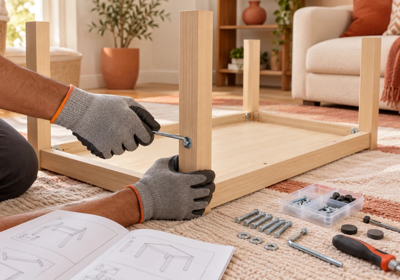 Wooden furniture being assembled with hardware and hand tools.