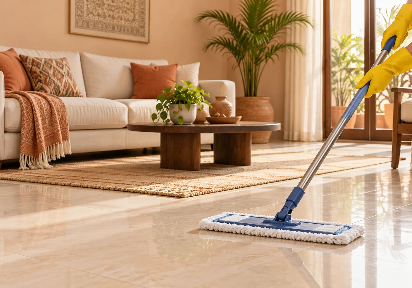 A mop cleaning the floor of a bright ivory and peach living room.