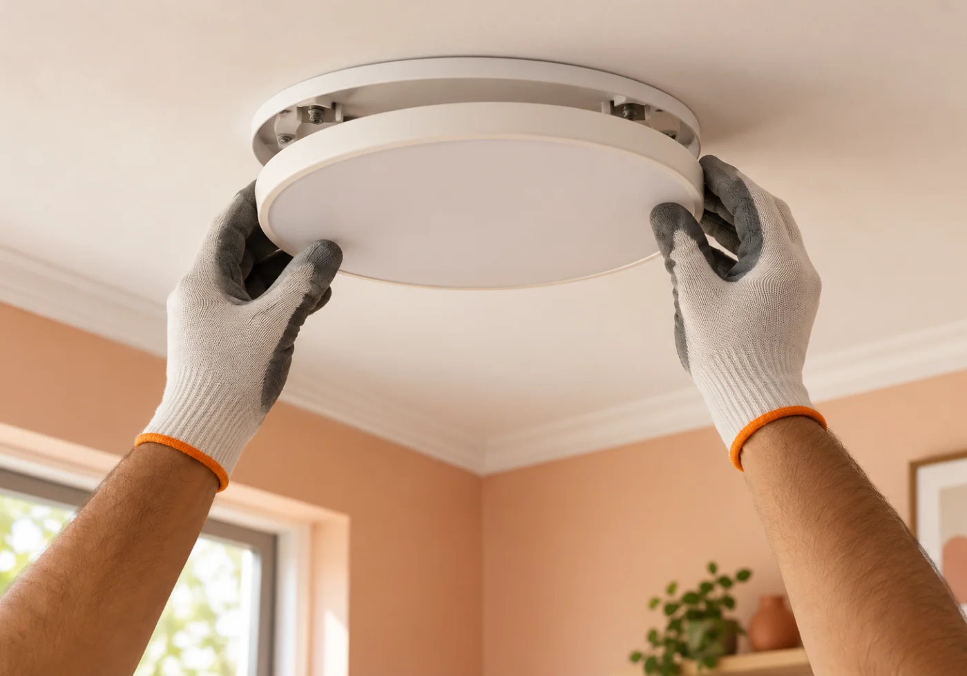 A modern ceiling light being installed in a softly lit room.