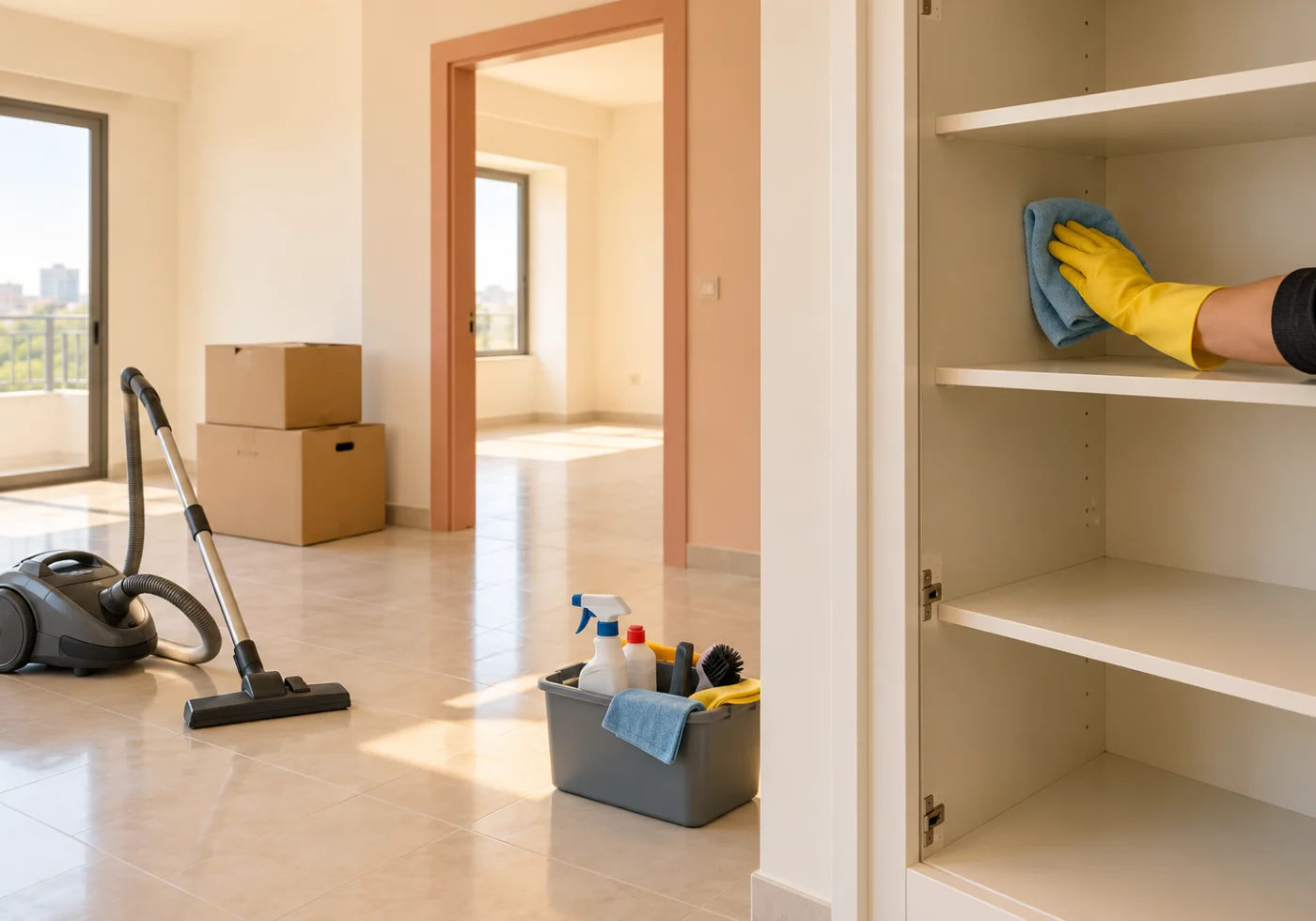 Cleaning equipment and packed boxes in an empty room ready for a move.