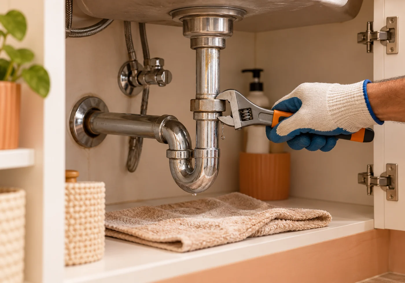 Gloved hands tightening the pipe connection beneath a kitchen sink.