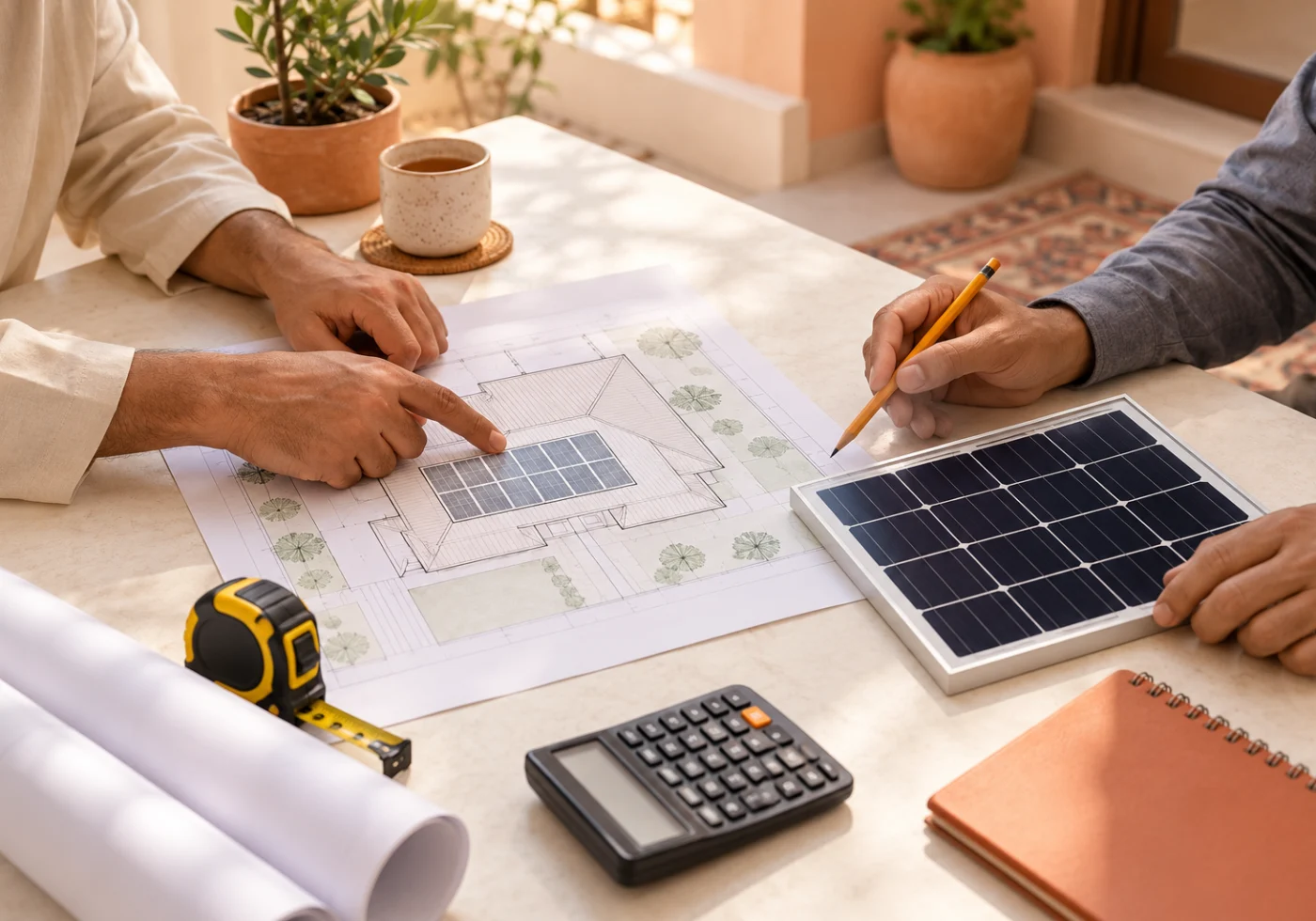 A solar panel model, home plan and calculator prepared for a consultation.