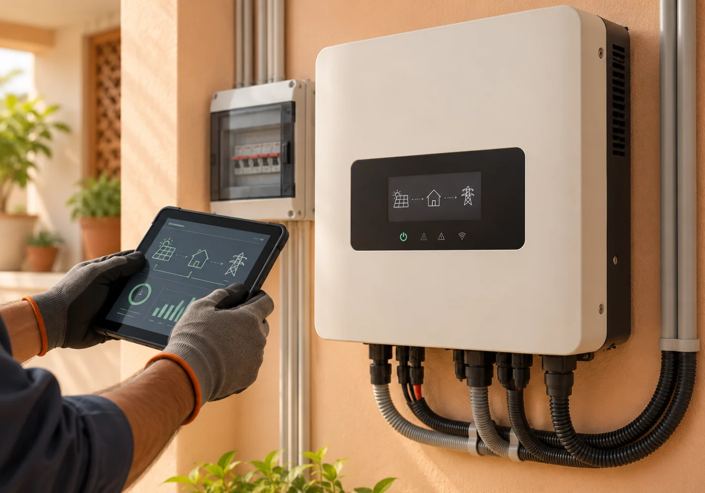 A wall-mounted solar inverter being checked with diagnostic equipment.