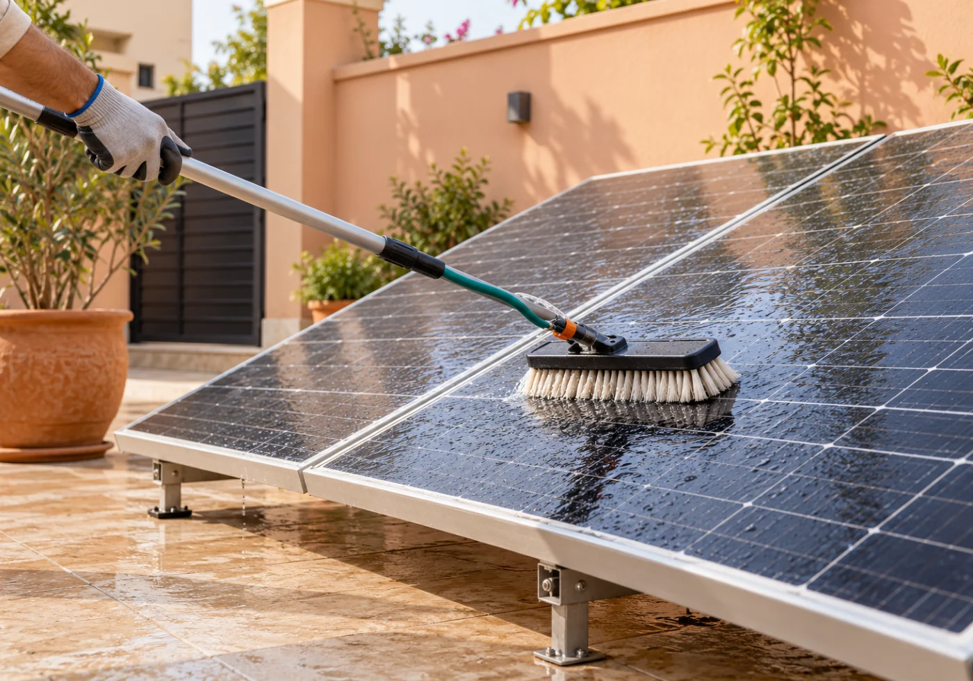 A soft brush and water cleaning the surface of a solar panel.