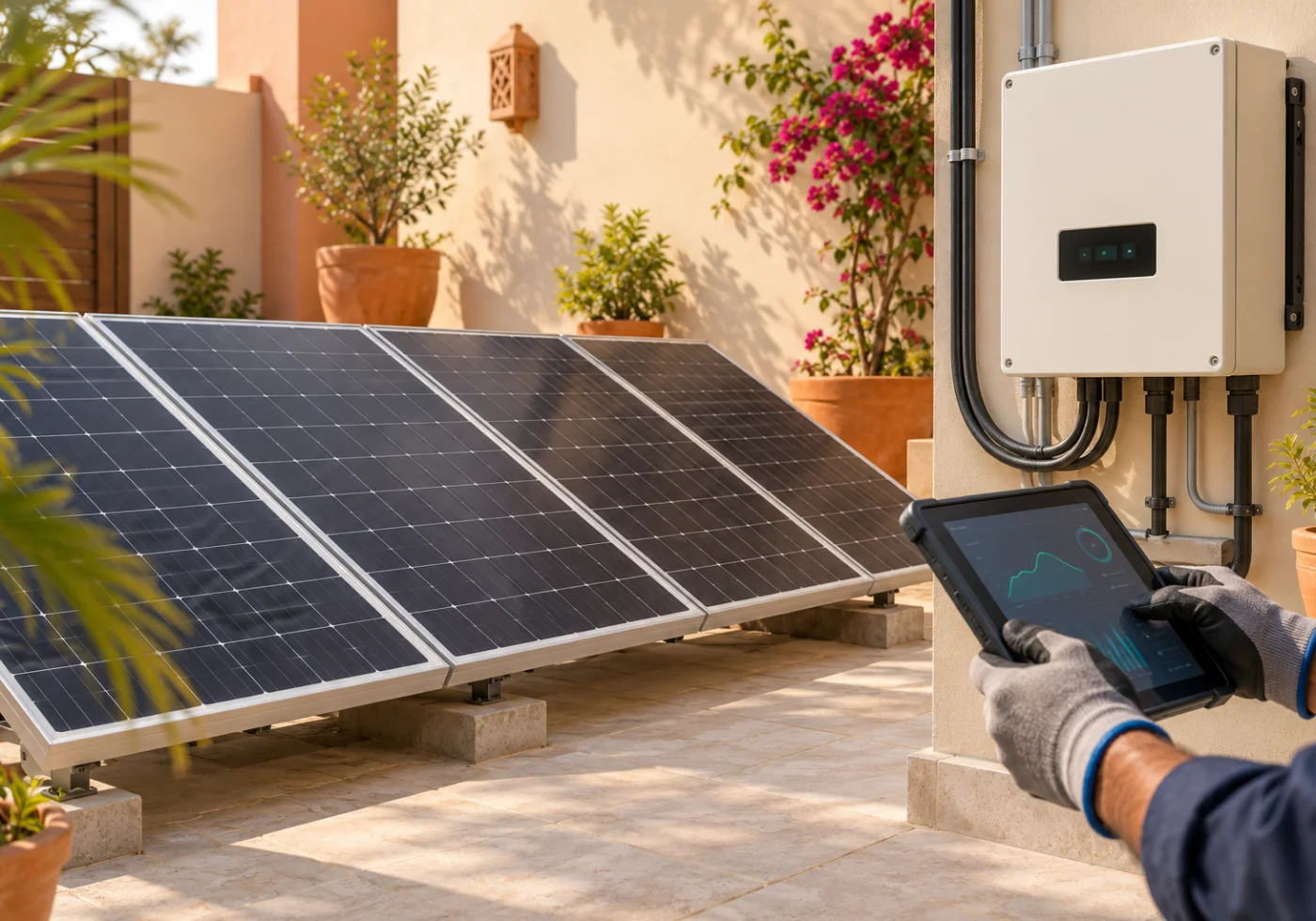 Solar panels being visually inspected in warm daylight.