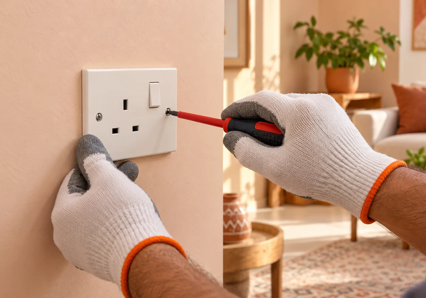An isolated wall socket and switch being repaired with insulated tools.