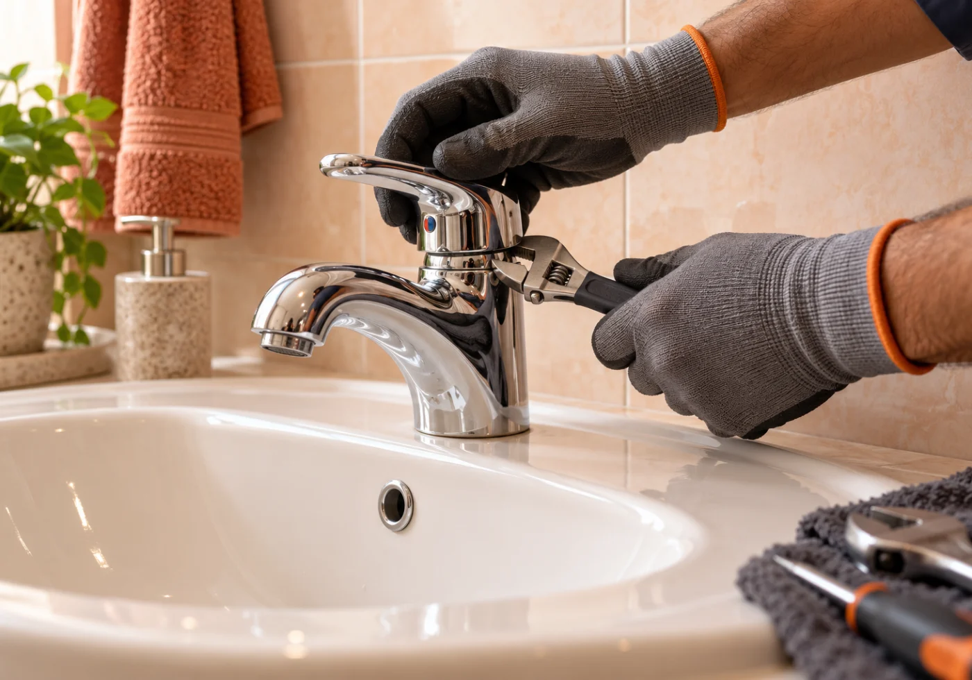 Gloved hands repairing a chrome basin tap in an ivory bathroom.