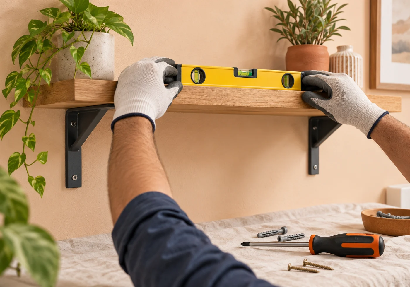 A wooden wall shelf being aligned with a spirit level.