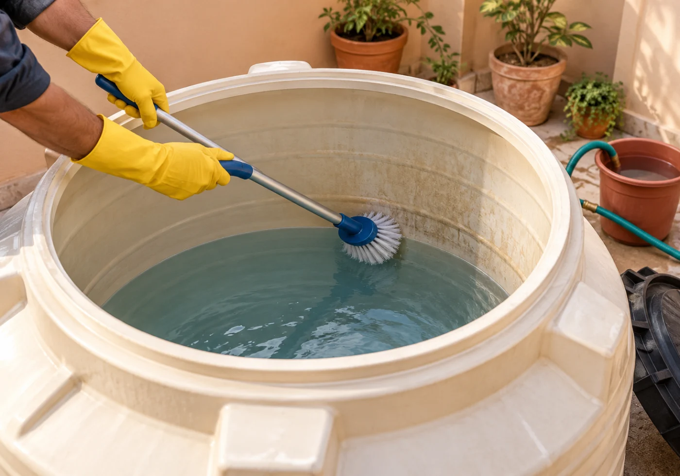 Cleaning equipment beside an open domestic water tank.